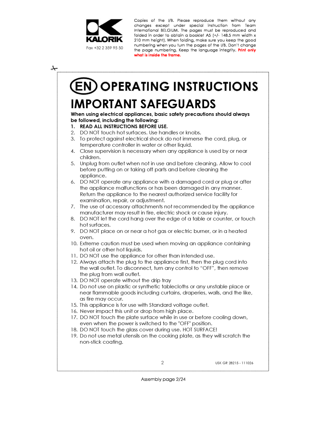 Kalorik USK GR 28215 manual Important Safeguards, Read All Instructions Before Use 