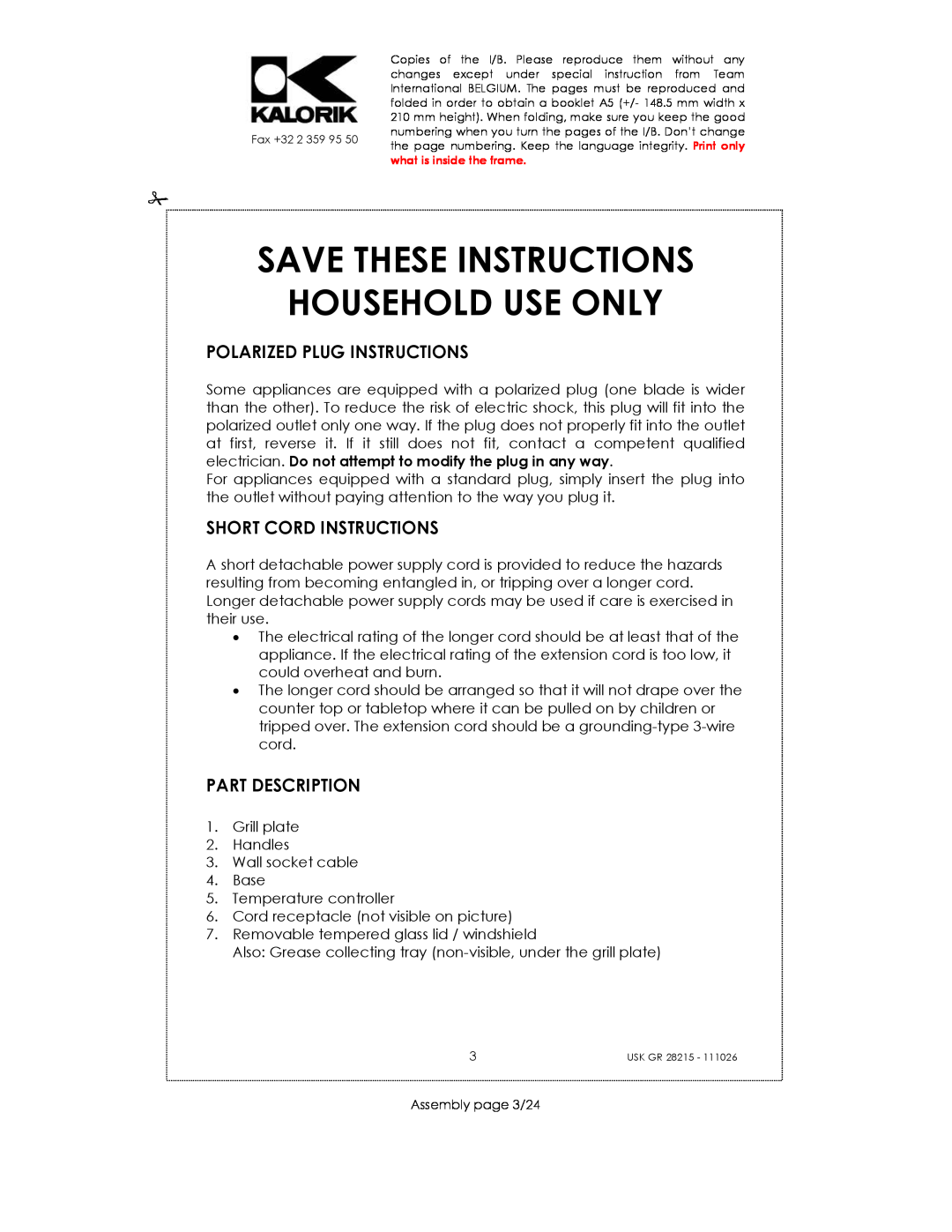 Kalorik USK GR 28215 Save These Instructions Household Use Only, Polarized Plug Instructions, Short Cord Instructions 