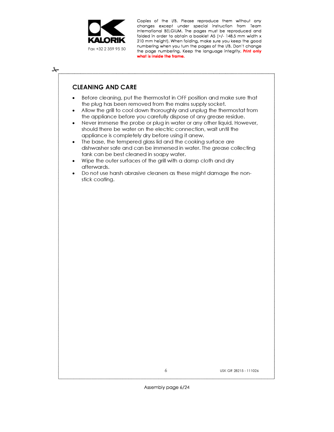 Kalorik USK GR 28215 manual Cleaning And Care, Assembly page 6/24 
