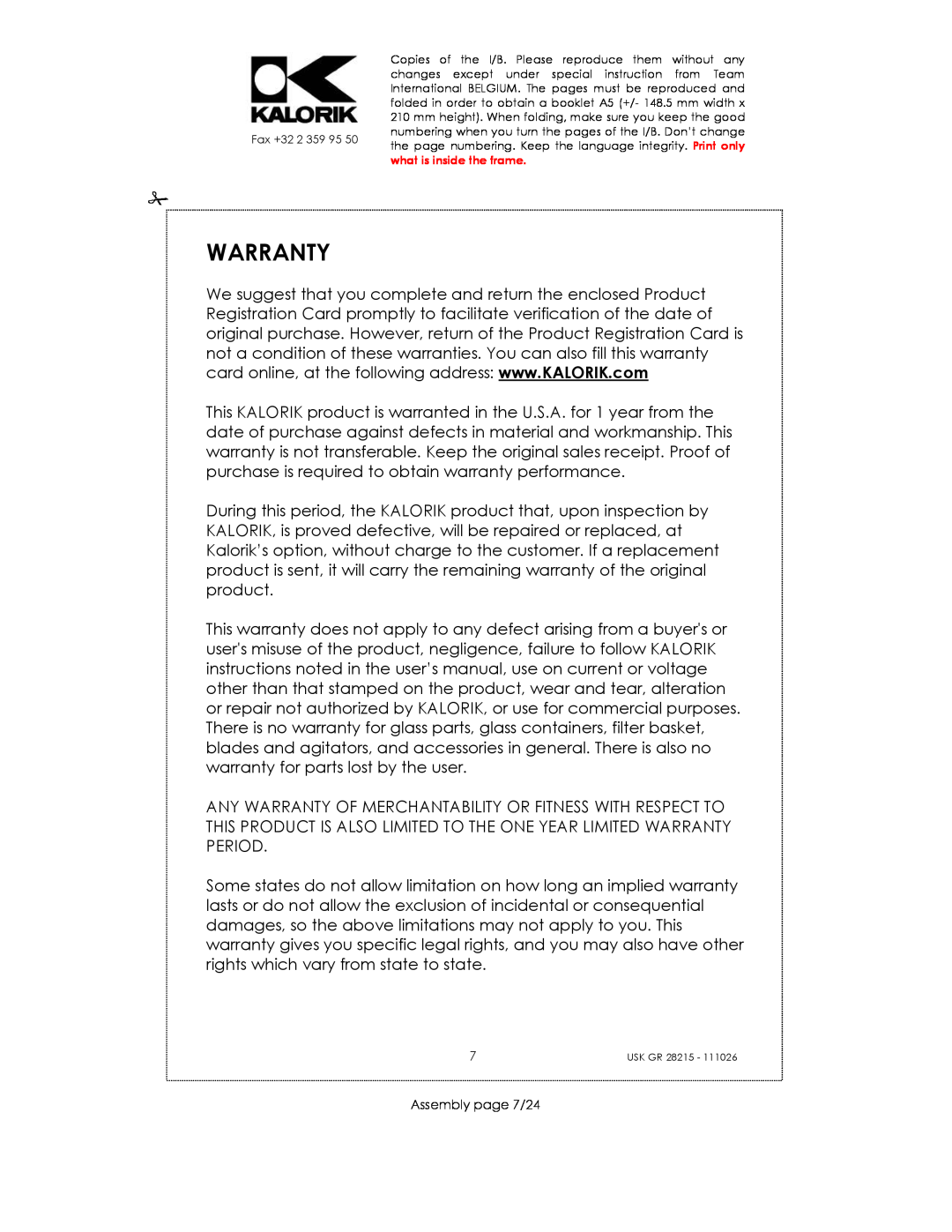 Kalorik USK GR 28215 manual Warranty, Assembly page 7/24 