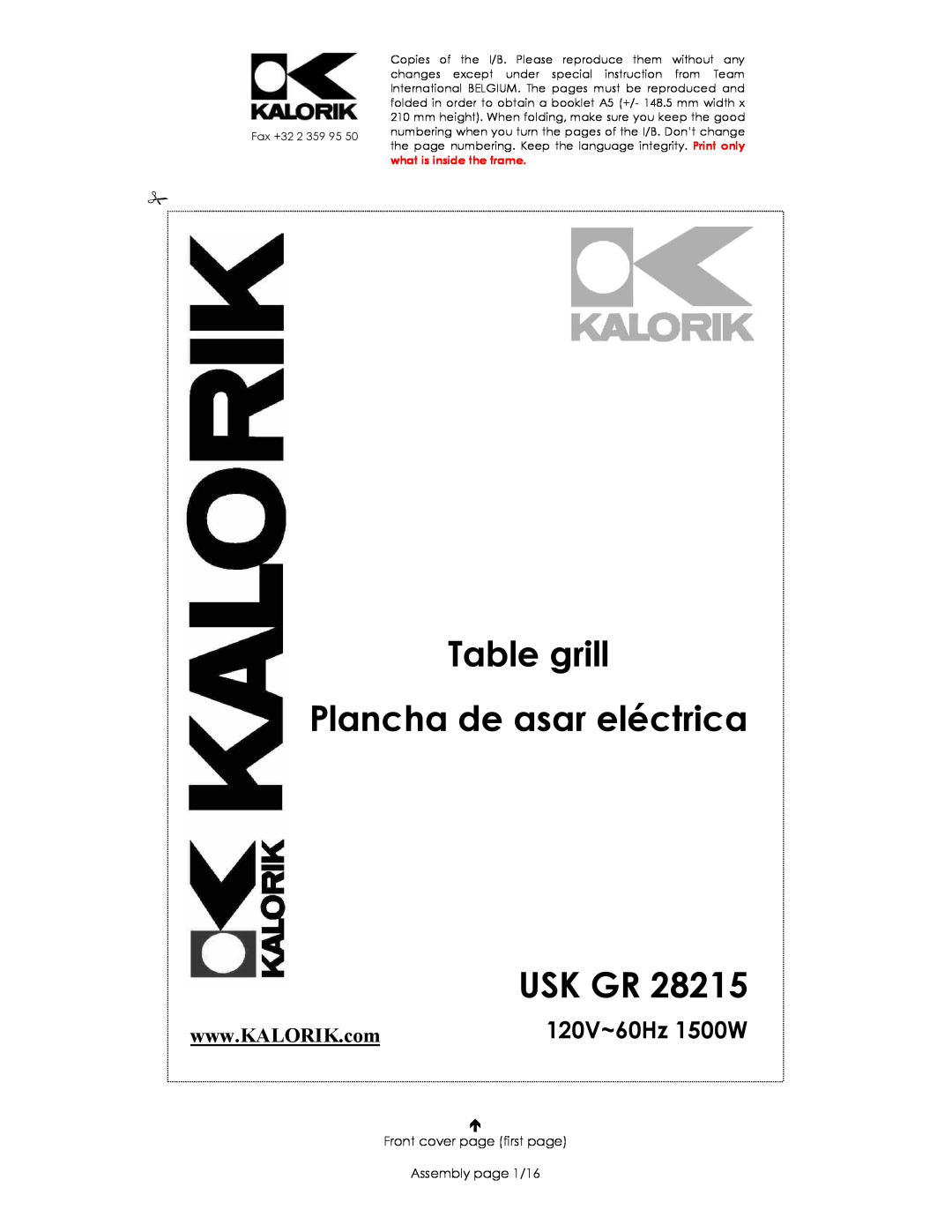 Kalorik USK GR 28215 manual Table grill Plancha de asar eléctrica Grill de table USK GR, 120V~60Hz 1500W 