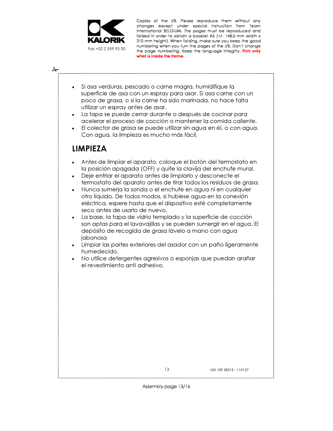 Kalorik USK GR 28215 manual Limpieza, Assembly page 13/16 