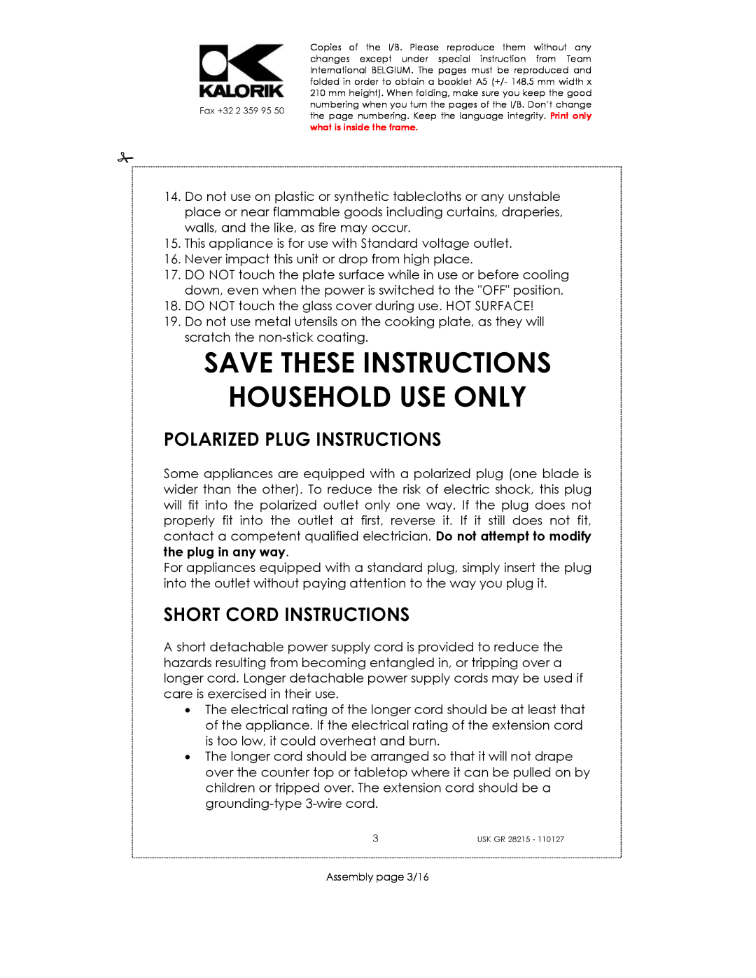 Kalorik USK GR 28215 Save These Instructions Household Use Only, Polarized Plug Instructions, Short Cord Instructions 