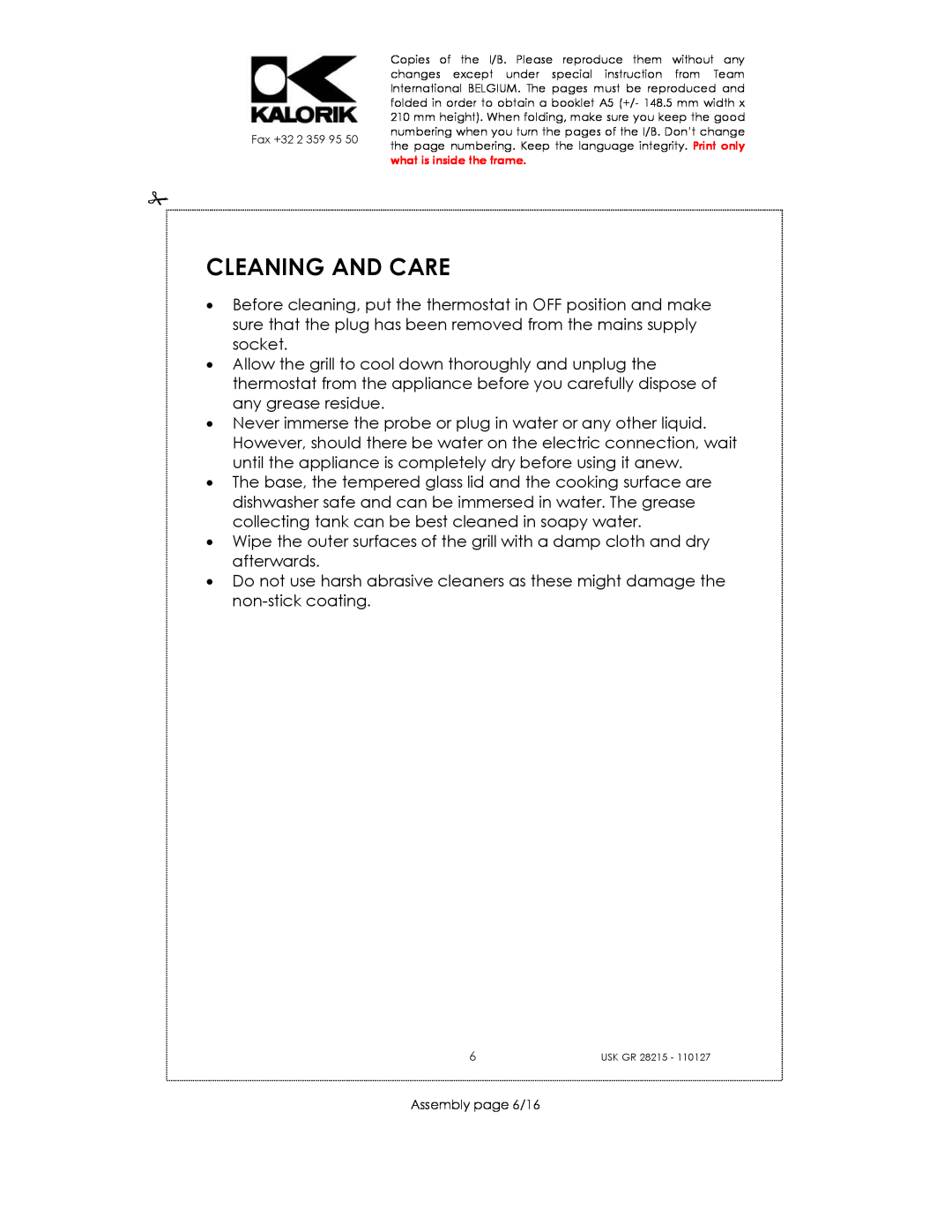 Kalorik USK GR 28215 manual Cleaning And Care, Assembly page 6/16 