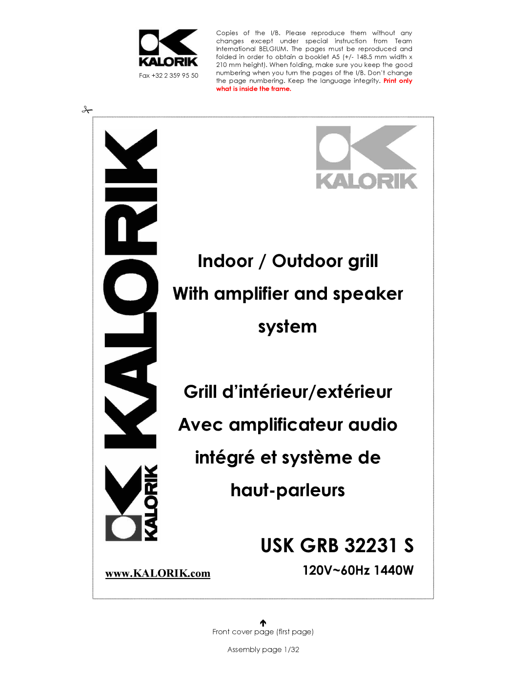 Kalorik USK GRB 32231 S manual Front cover page first Assembly page 1/32 