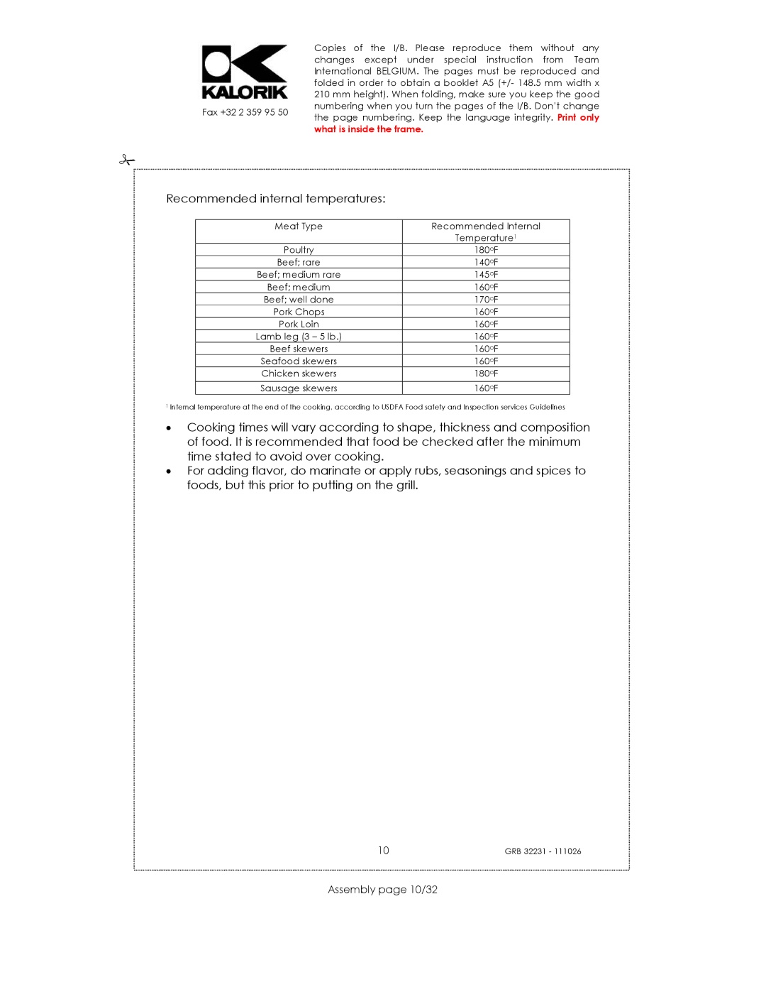 Kalorik USK GRB 32231 S manual Recommended internal temperatures, Assembly page 10/32 