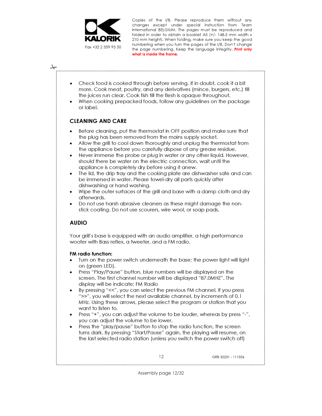 Kalorik USK GRB 32231 S manual Cleaning and Care, Audio, Assembly page 12/32 