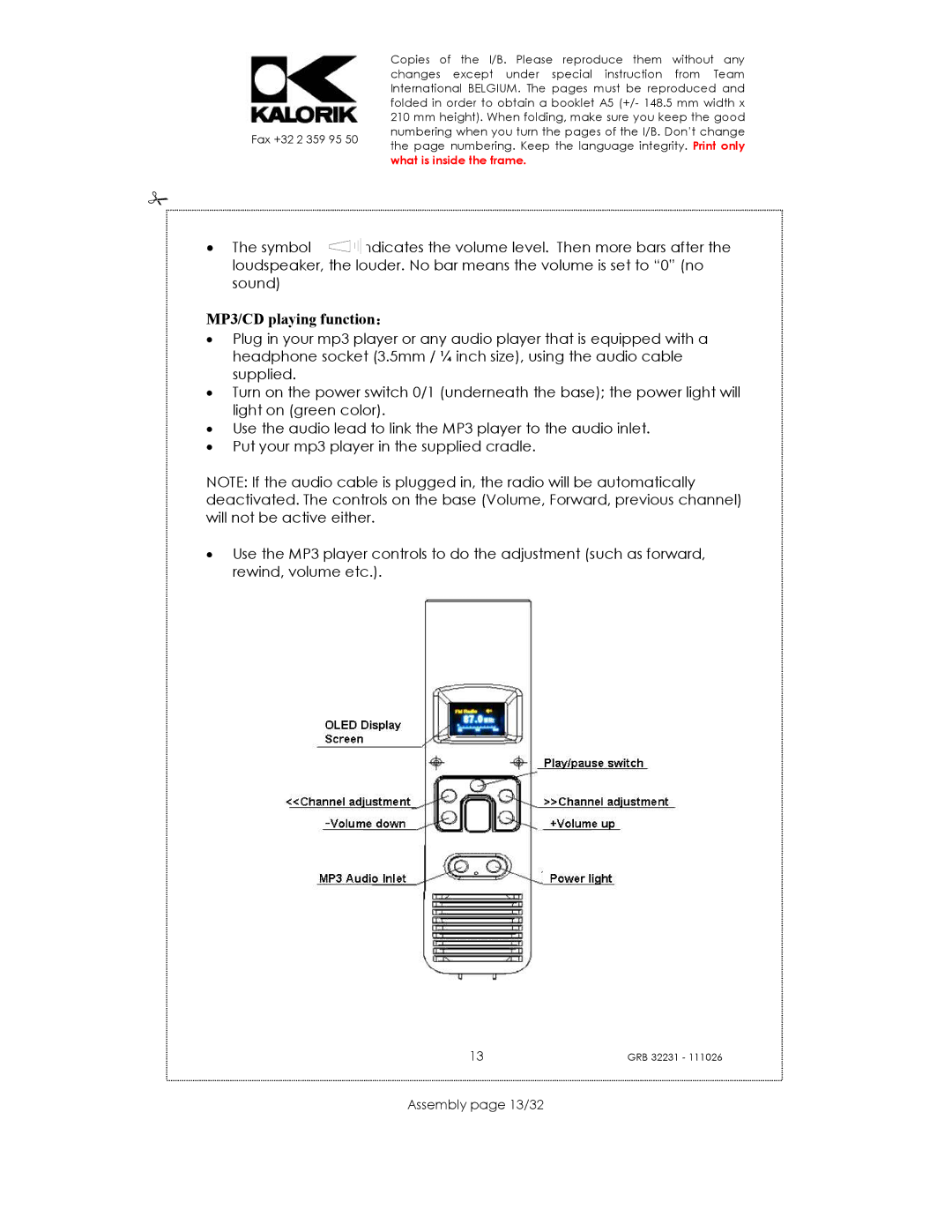 Kalorik USK GRB 32231 S manual MP3/CD playing function：, Assembly page 13/32 