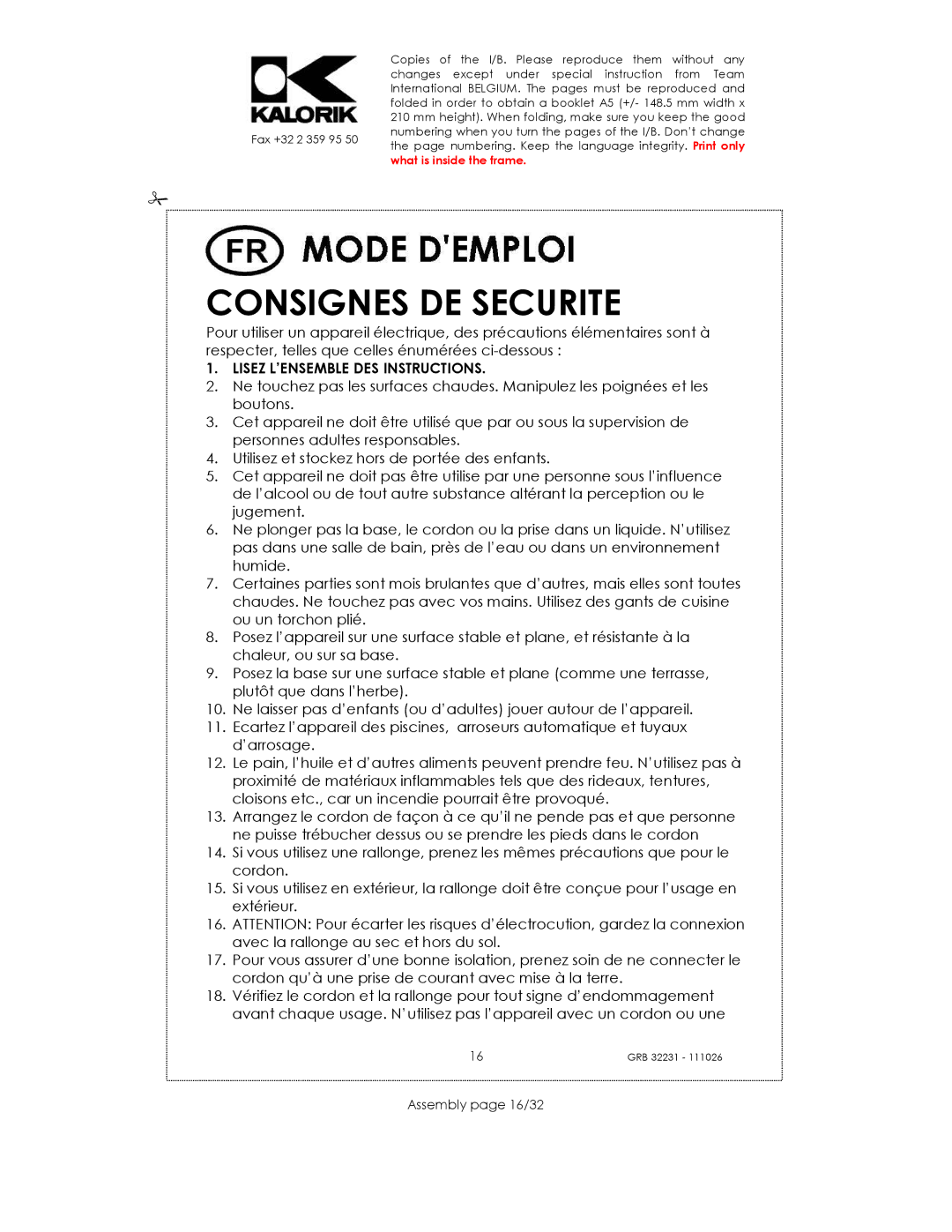 Kalorik USK GRB 32231 S manual Consignes DE Securite, Assembly page 16/32 