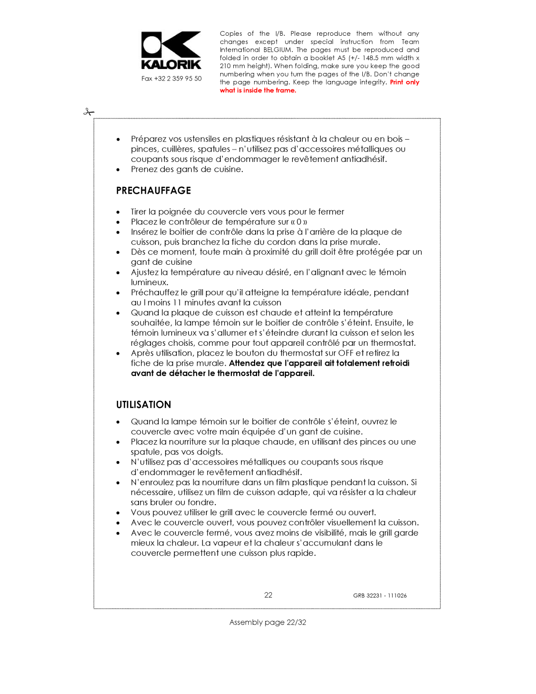 Kalorik USK GRB 32231 S manual Prechauffage, Utilisation, Assembly page 22/32 