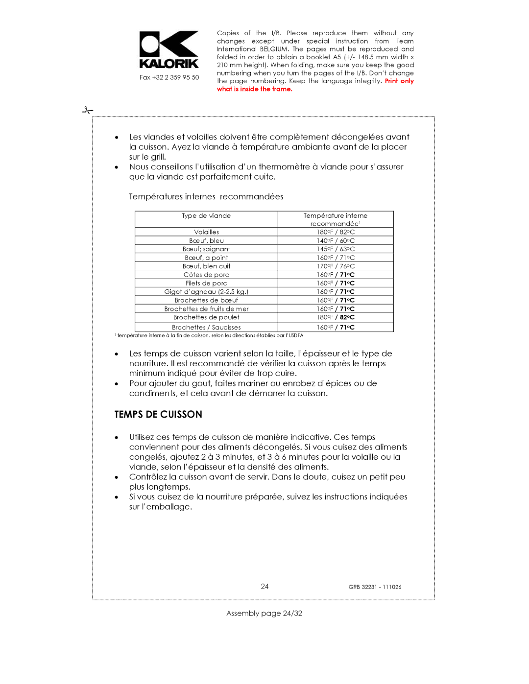 Kalorik USK GRB 32231 S manual Temps DE Cuisson, Assembly page 24/32 