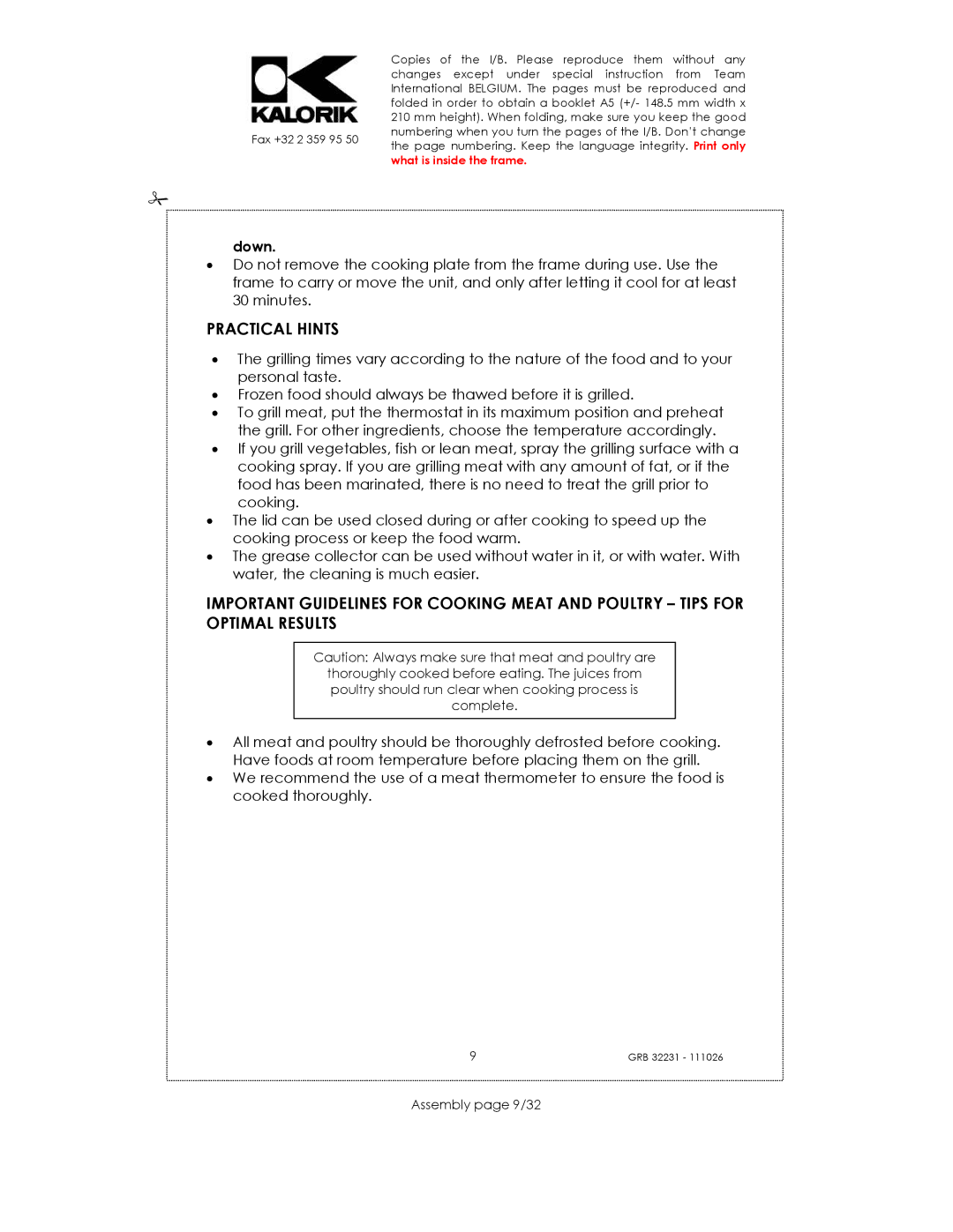 Kalorik USK GRB 32231 S manual Practical Hints, Assembly page 9/32 