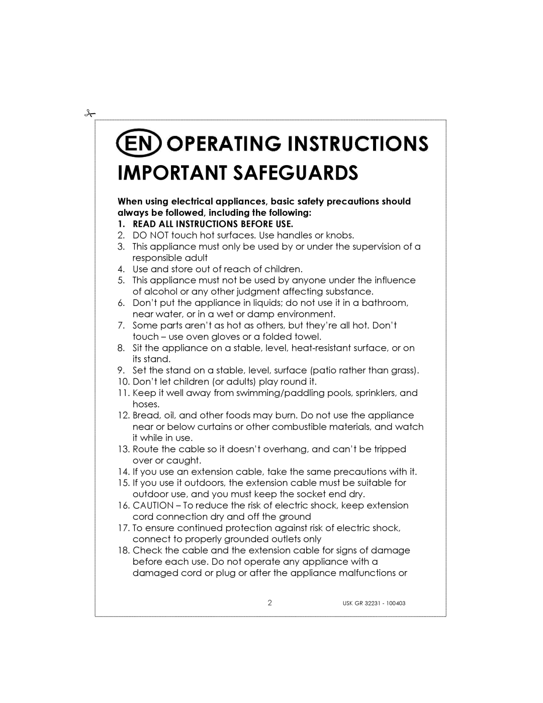 Kalorik USK GRB 32231 S manual Important Safeguards 