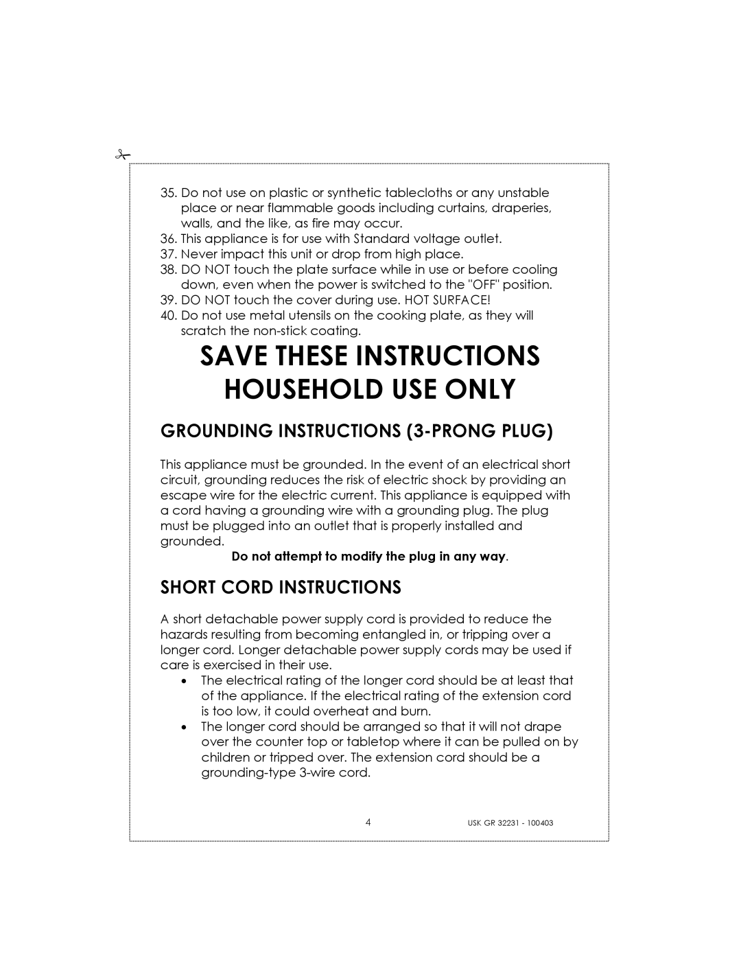 Kalorik USK GRB 32231 S manual Grounding Instructions 3-PRONG Plug, Short Cord Instructions 