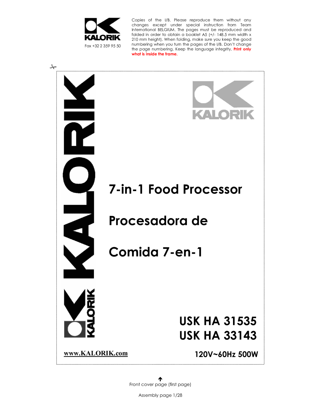 Kalorik USK HA 33143 manual In-1 Food Processor Procesadora de Comida 7-en-1, Front cover page first Assembly page 1/28 