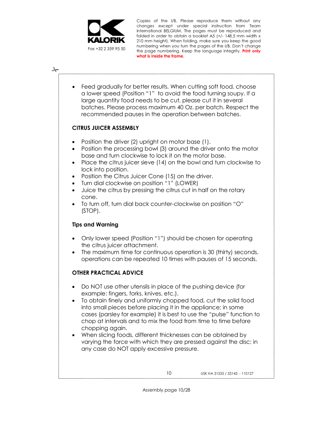 Kalorik USK HA 31535, USK HA 33143 manual Citrus Juicer Assembly, Other Practical Advice, Assembly page 10/28 