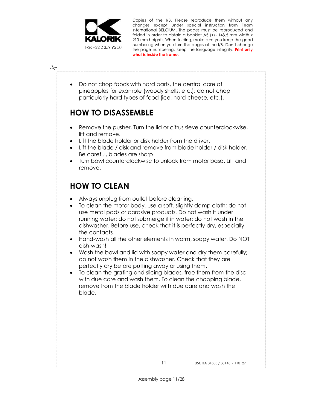 Kalorik USK HA 33143, USK HA 31535 manual HOW to Disassemble, HOW to Clean, Assembly page 11/28 