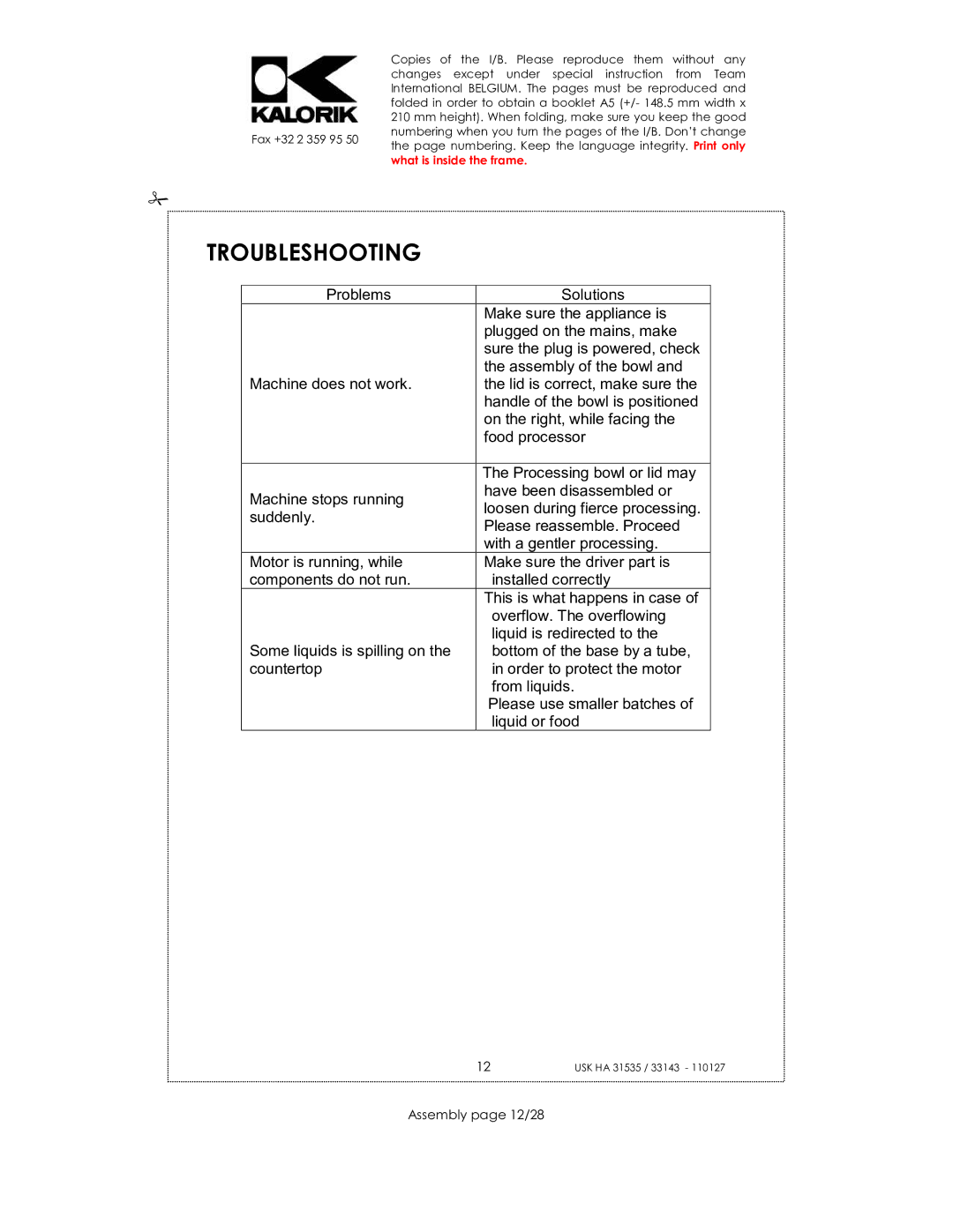 Kalorik USK HA 31535, USK HA 33143 manual Troubleshooting, Assembly page 12/28 