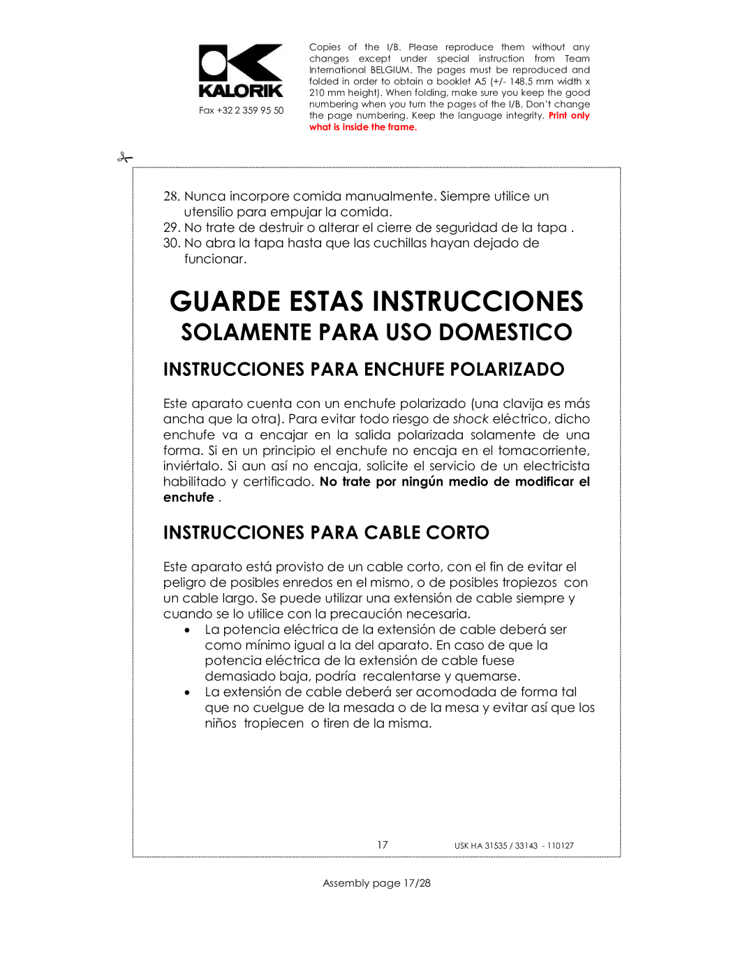 Kalorik USK HA 33143 manual Instrucciones Para Enchufe Polarizado, Instrucciones Para Cable Corto, Assembly page 17/28 