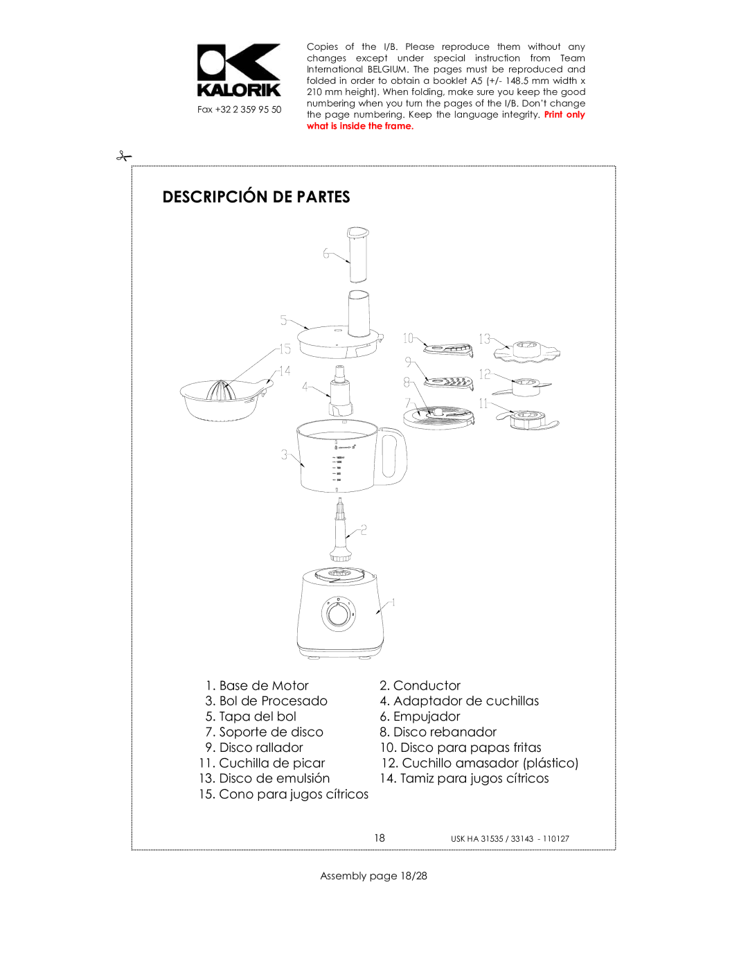 Kalorik USK HA 31535, USK HA 33143 manual Descripción DE Partes, Assembly page 18/28 