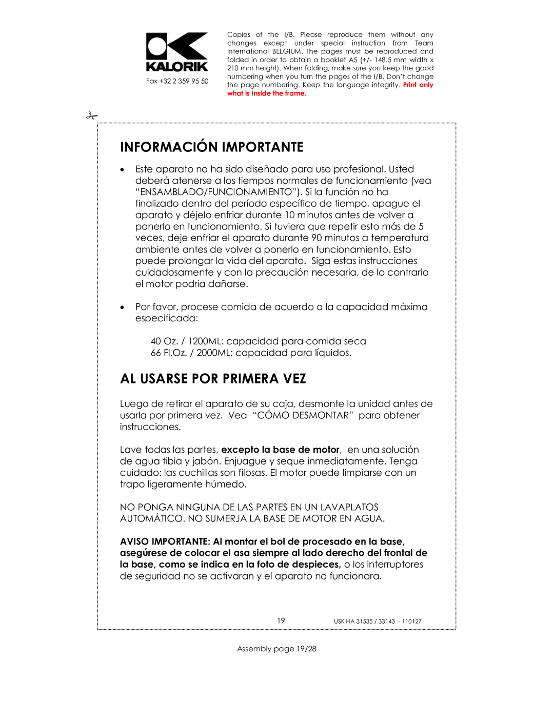 Kalorik USK HA 33143, USK HA 31535 manual Información Importante, AL Usarse POR Primera VEZ, Assembly page 19/28 