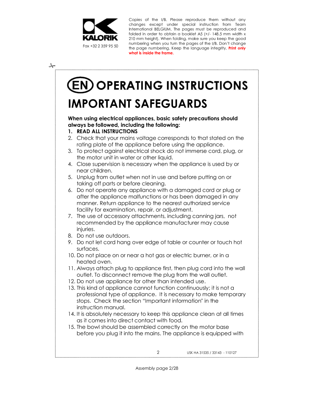 Kalorik USK HA 31535, USK HA 33143 manual Read ALL Instructions, Assembly page 2/28 