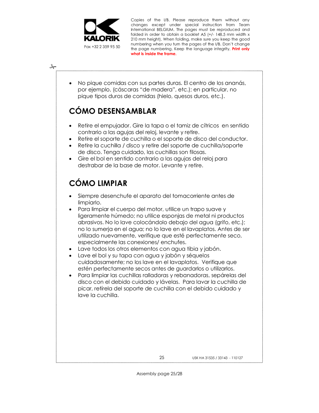 Kalorik USK HA 33143, USK HA 31535 manual Cómo Desensamblar, Cómo Limpiar, Assembly page 25/28 