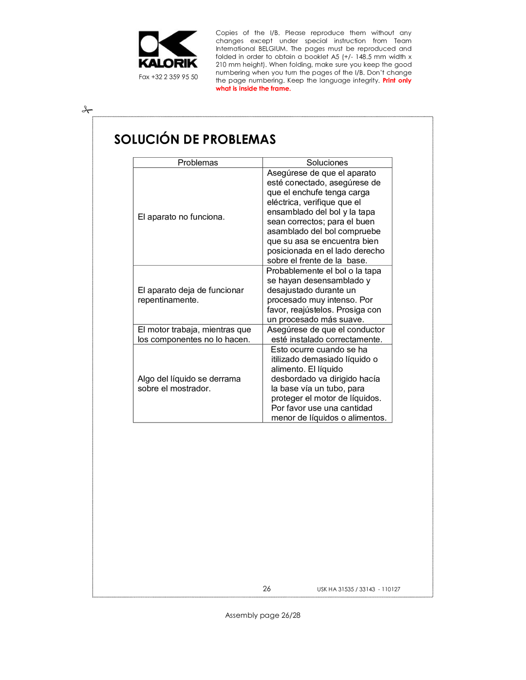 Kalorik USK HA 31535, USK HA 33143 manual Solución DE Problemas, Assembly page 26/28 