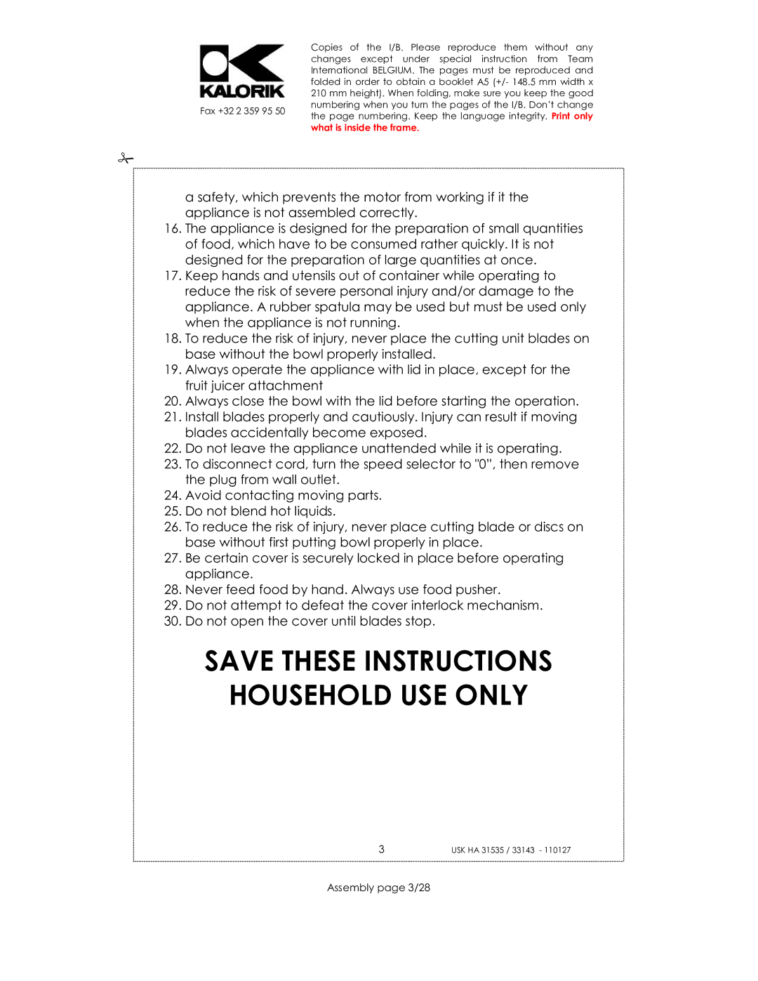 Kalorik USK HA 33143, USK HA 31535 manual Household USE only, Assembly page 3/28 