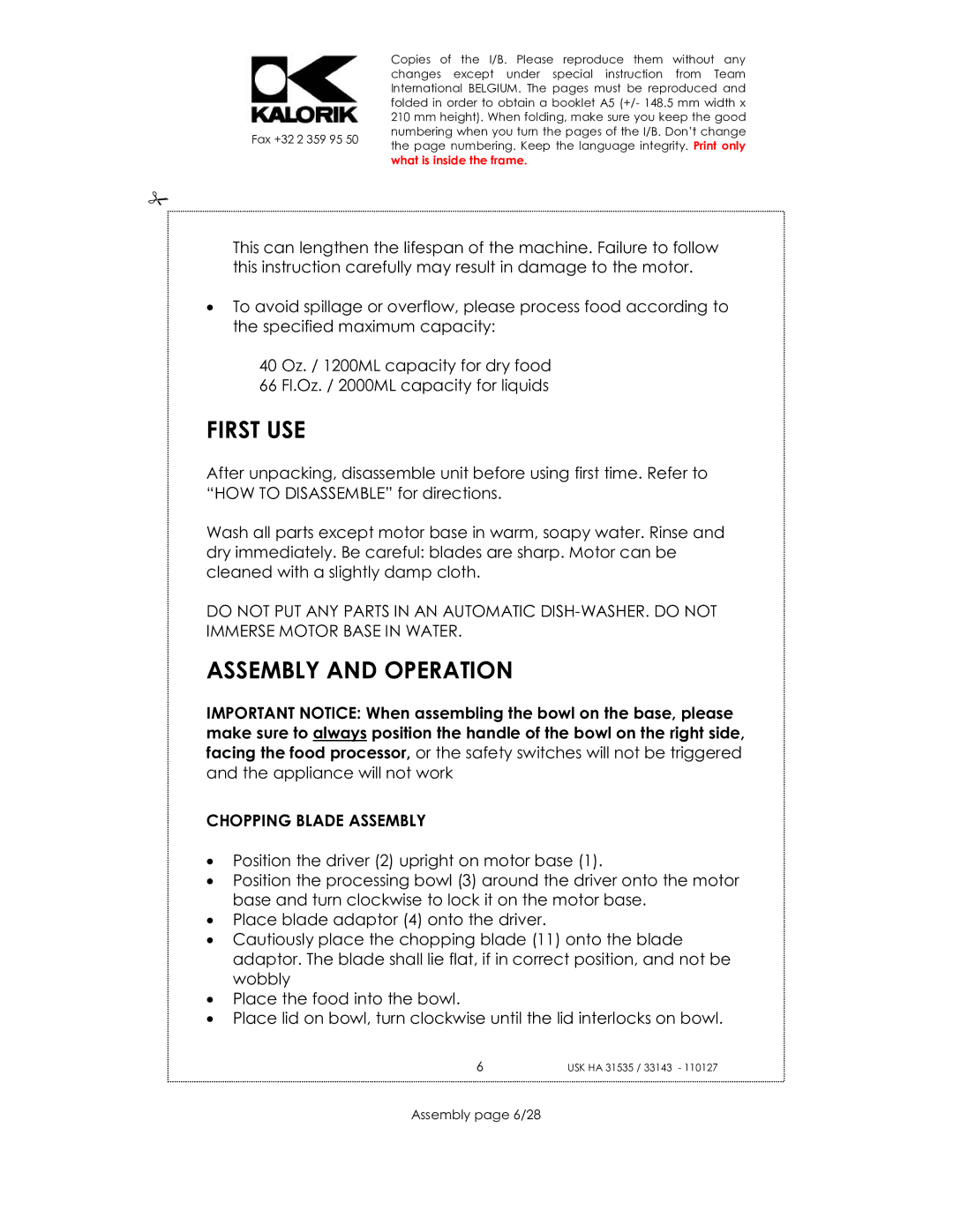 Kalorik USK HA 31535, USK HA 33143 manual First USE, Assembly and Operation, Chopping Blade Assembly, Assembly page 6/28 