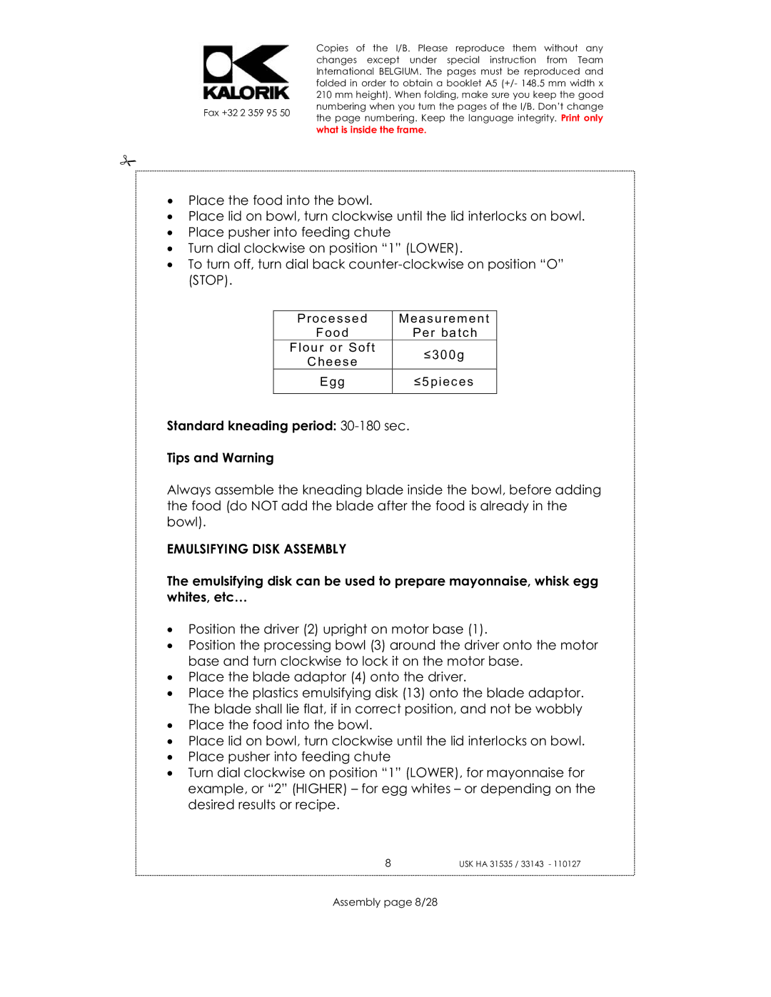 Kalorik USK HA 31535 Standard kneading period 30-180 sec Tips and Warning, Emulsifying Disk Assembly, Assembly page 8/28 