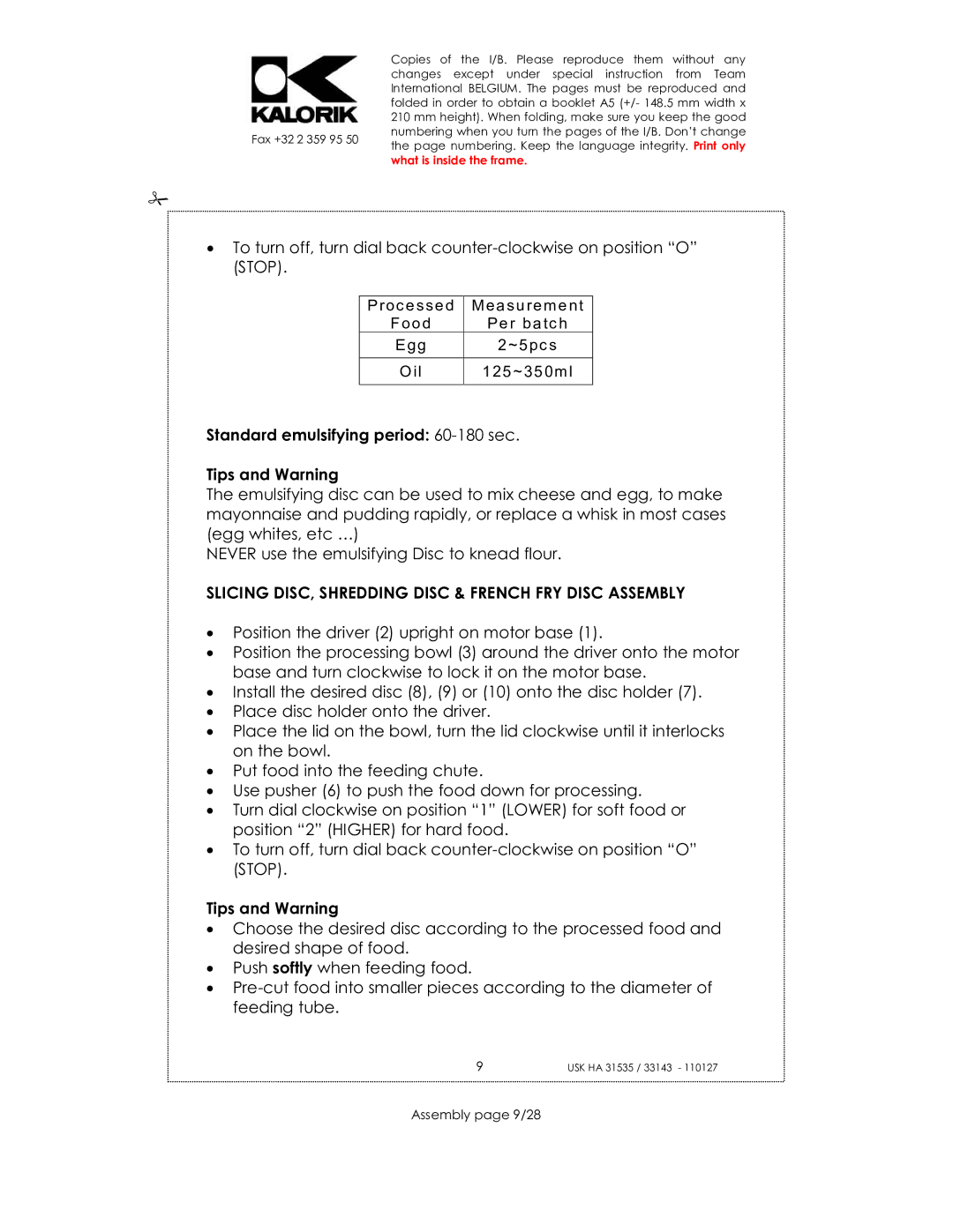 Kalorik USK HA 33143, USK HA 31535 manual Standard emulsifying period 60-180 sec Tips and Warning, Assembly page 9/28 