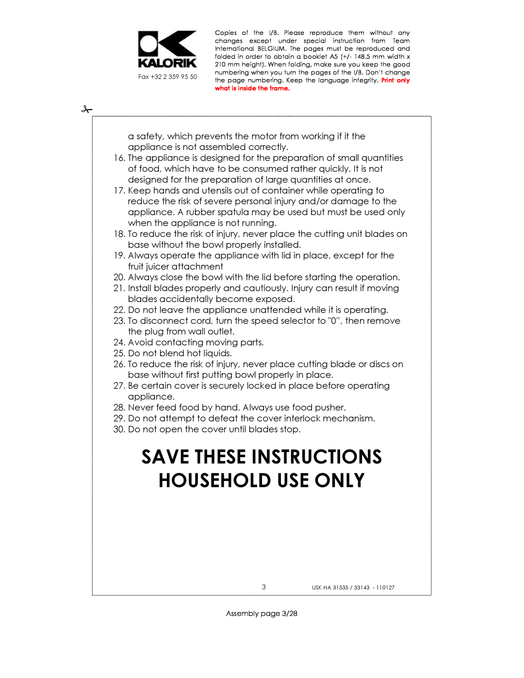 Kalorik USK HA 33143, USK HA 31535 manual Save These Instructions Household Use Only 