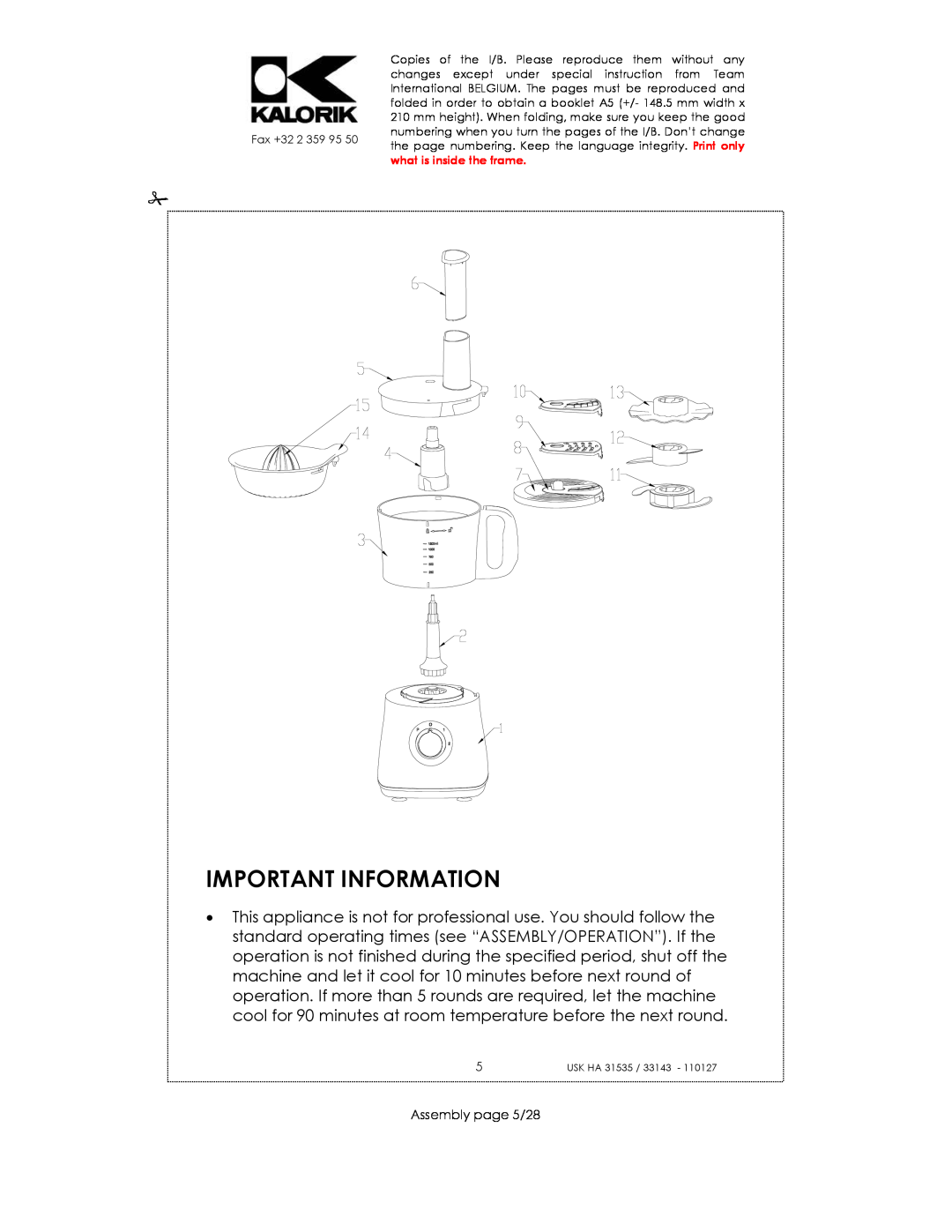 Kalorik USK HA 33143, USK HA 31535 manual Important Information, Assembly page 5/28 
