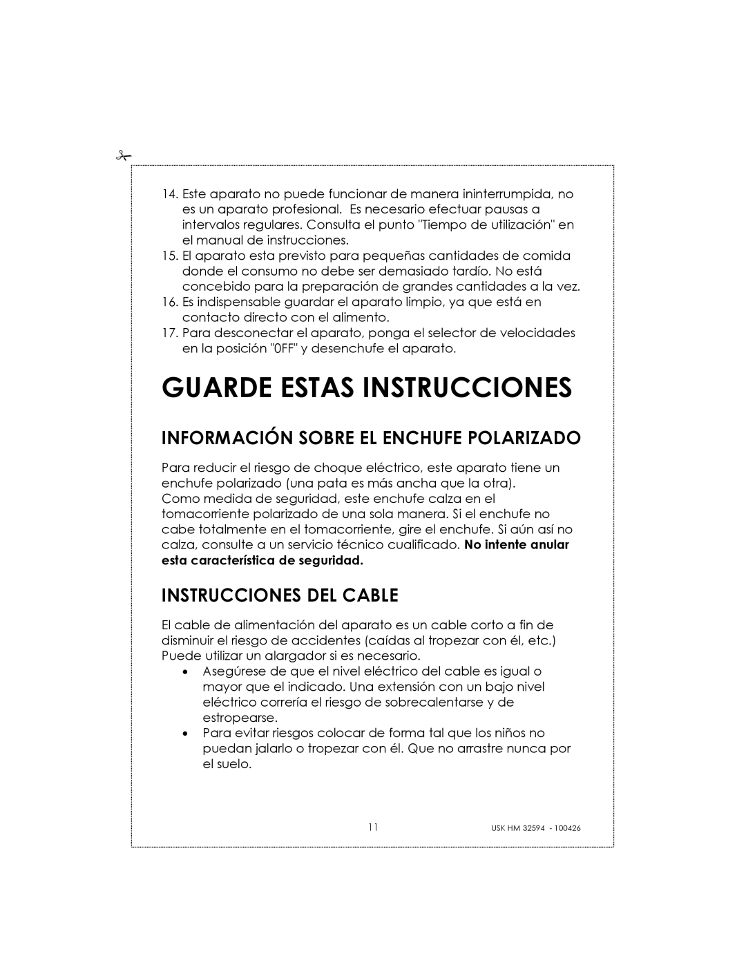 Kalorik USK HM 32594 manual Guarde Estas Instrucciones, Información Sobre EL Enchufe Polarizado, Instrucciones DEL Cable 