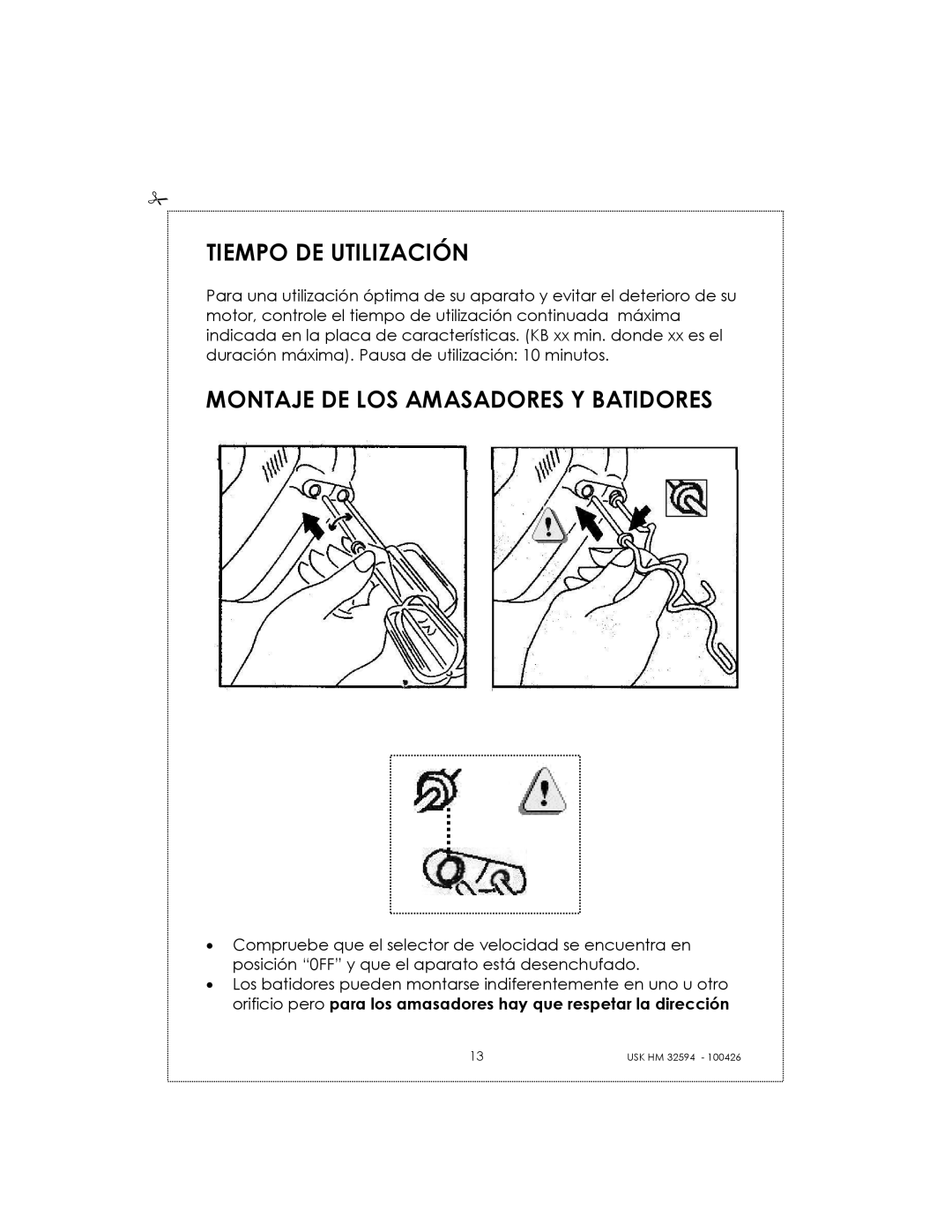 Kalorik USK HM 32594 manual Tiempo DE Utilización, Montaje DE LOS Amasadores Y Batidores 