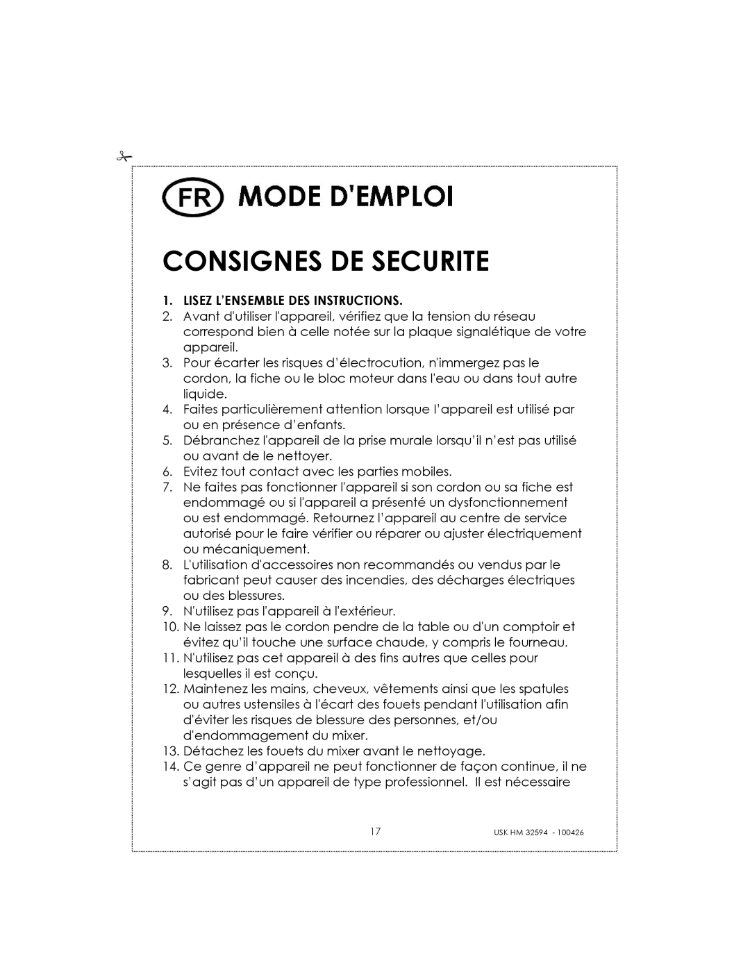 Kalorik USK HM 32594 manual Consignes DE Securite, Lisez L’ENSEMBLE DES Instructions 