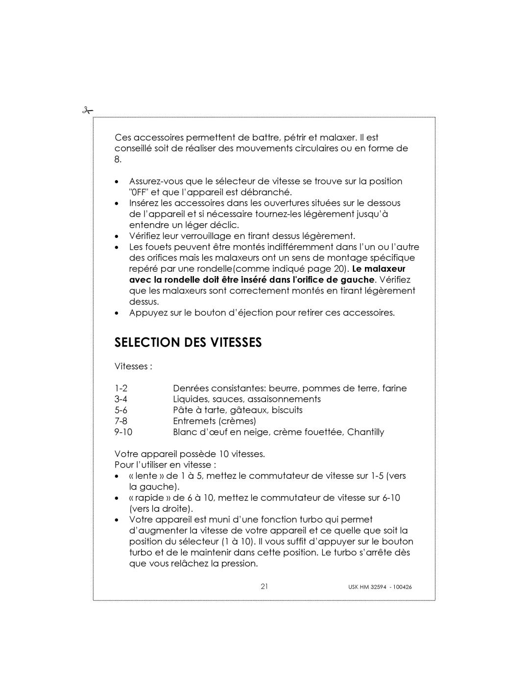 Kalorik USK HM 32594 manual Selection DES Vitesses 