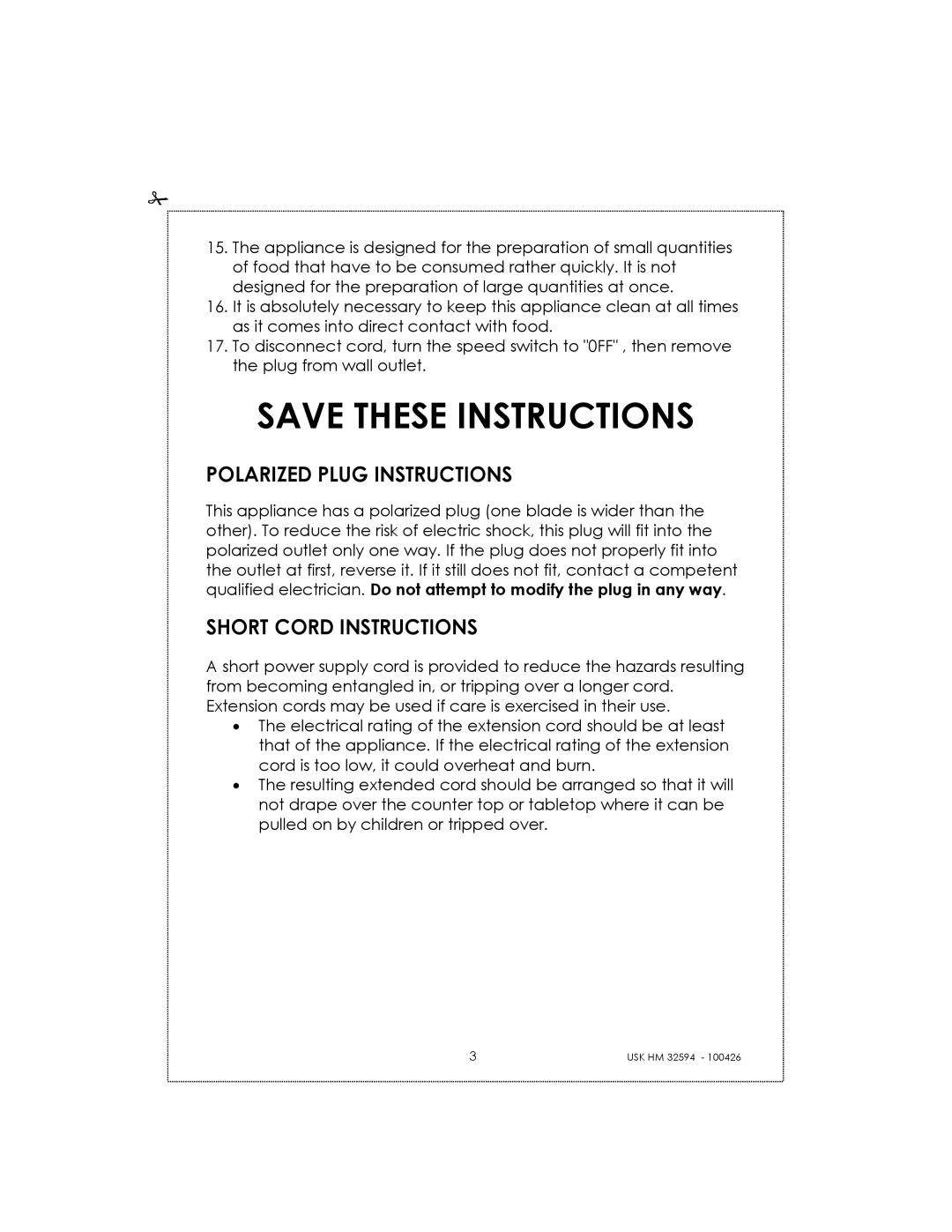 Kalorik USK HM 32594 manual Save These Instructions, Polarized Plug Instructions, Short Cord Instructions 