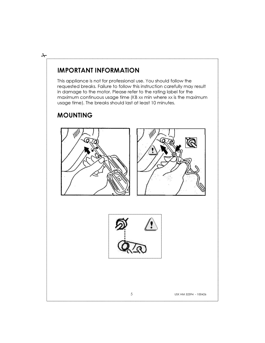 Kalorik USK HM 32594 manual Important Information, Mounting, Usk Hm 