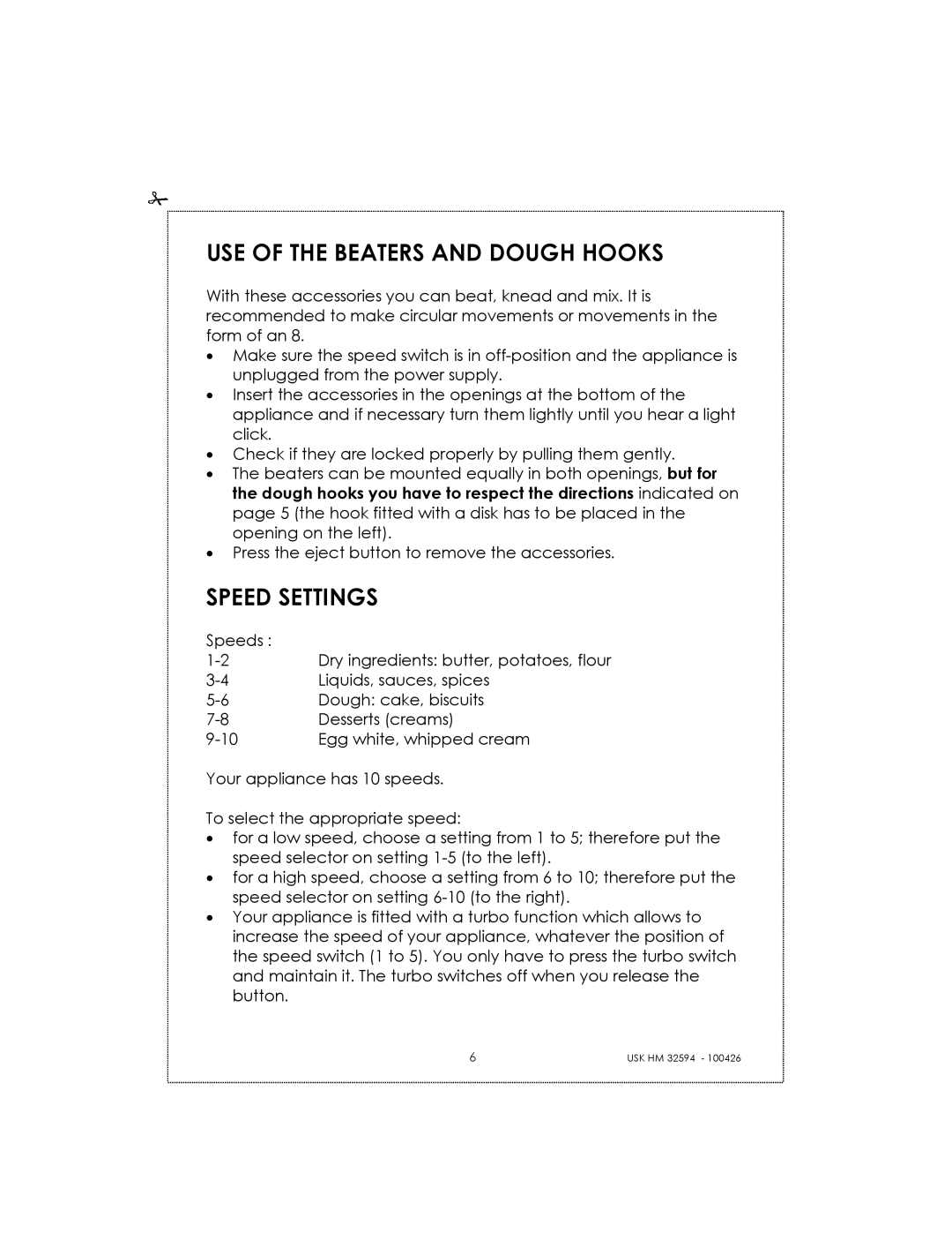 Kalorik USK HM 32594 manual Use Of The Beaters And Dough Hooks, Speed Settings 