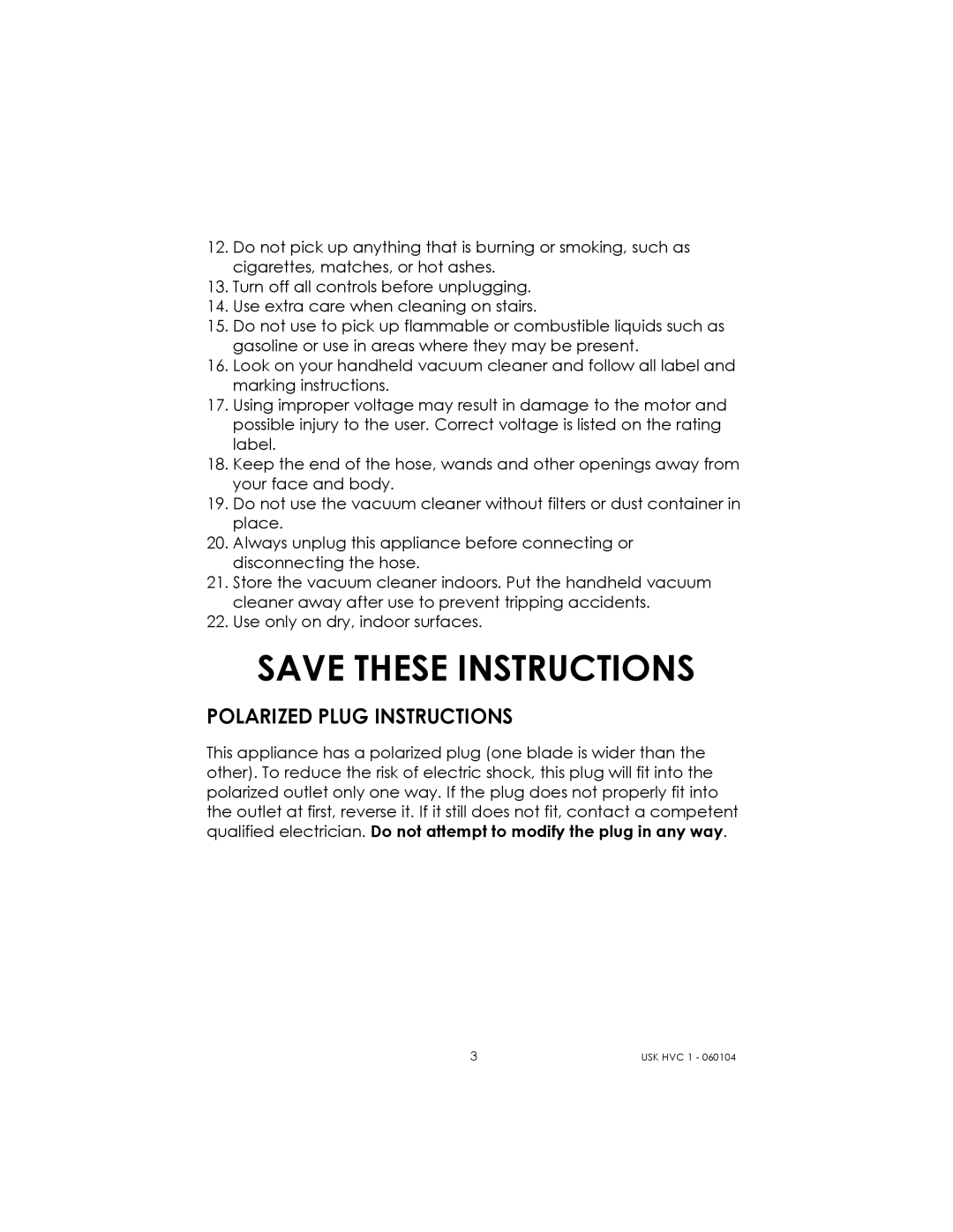 Kalorik USK HVC 1 - 060104 manual Polarized Plug Instructions 