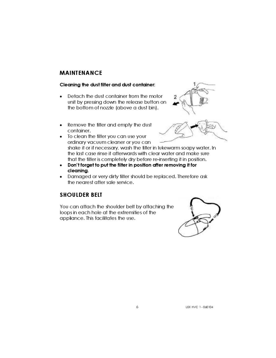 Kalorik USK HVC 1 - 060104 manual Maintenance, Shoulder Belt 