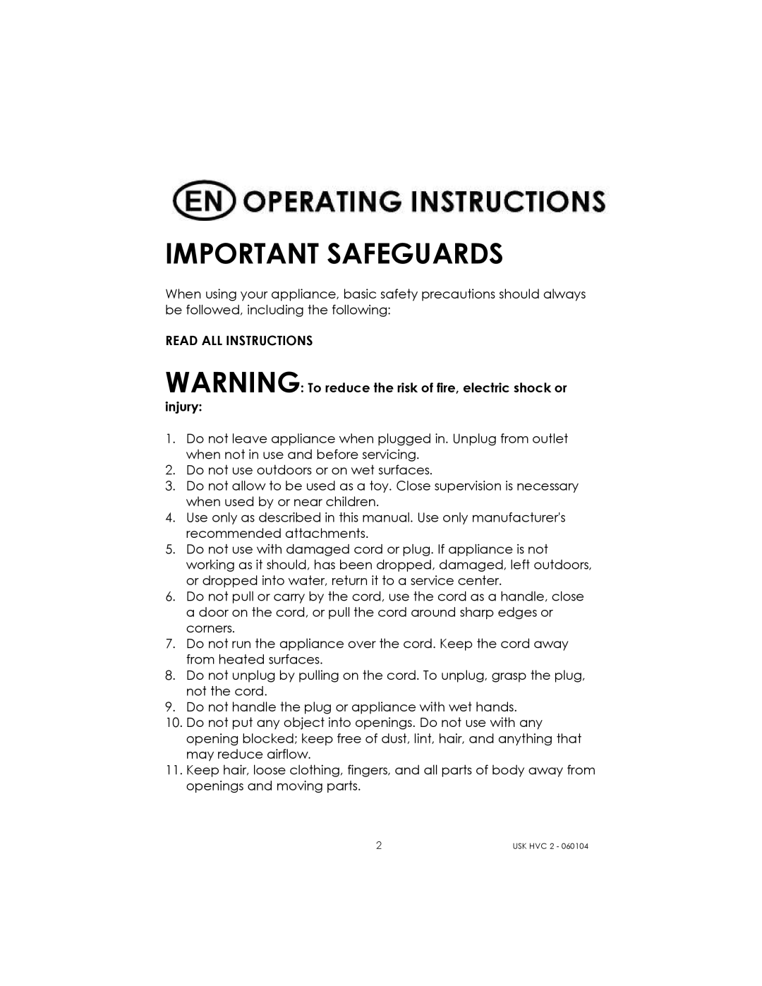 Kalorik USK HVC 2 manual Important Safeguards, Read ALL Instructions 