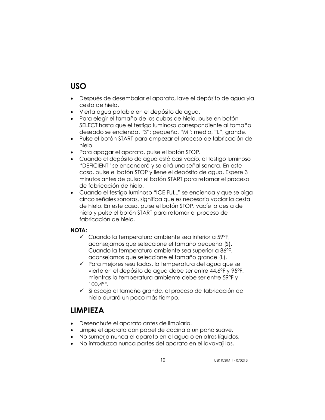 Kalorik USK ICBM 1 manual Uso, Limpieza, Nota 