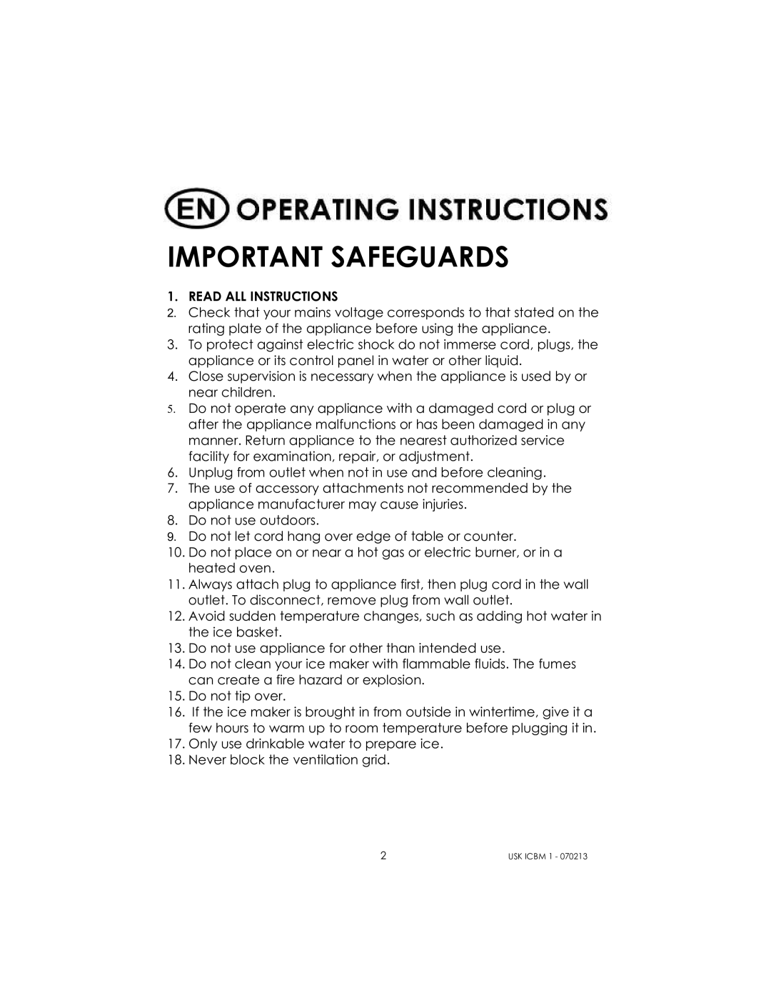 Kalorik USK ICBM 1 manual Important Safeguards, Read ALL Instructions 