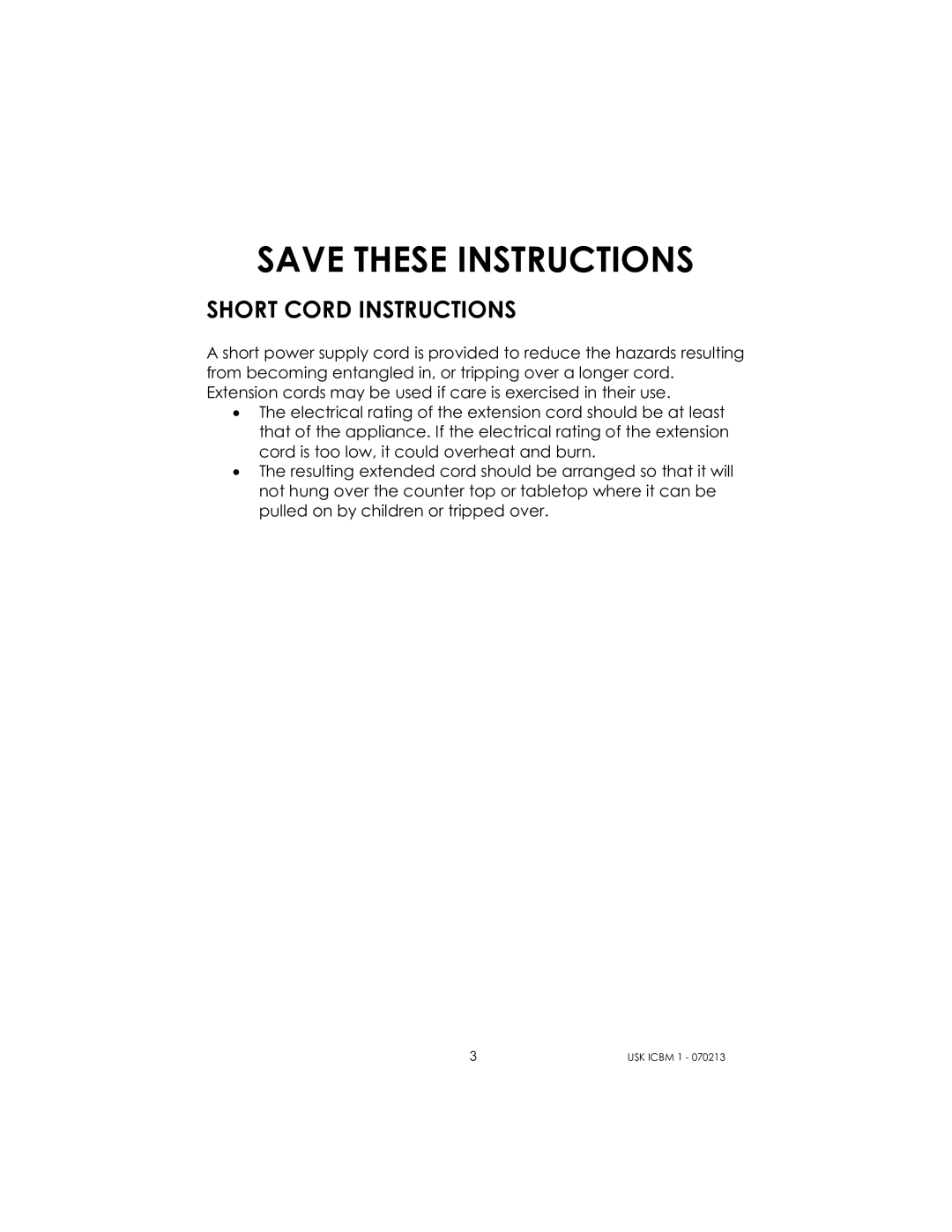 Kalorik USK ICBM 1 manual Short Cord Instructions 