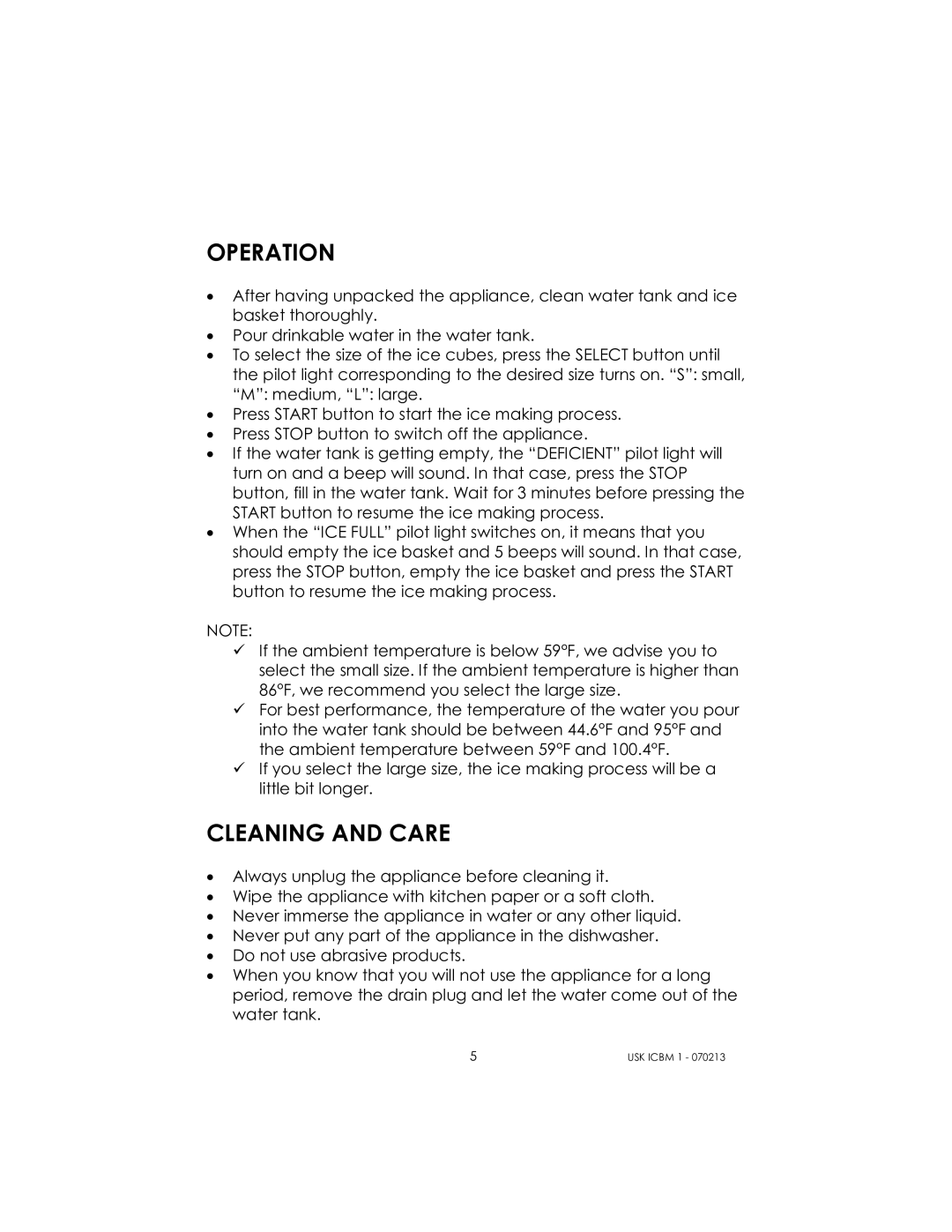 Kalorik USK ICBM 1 manual Operation, Cleaning and Care 