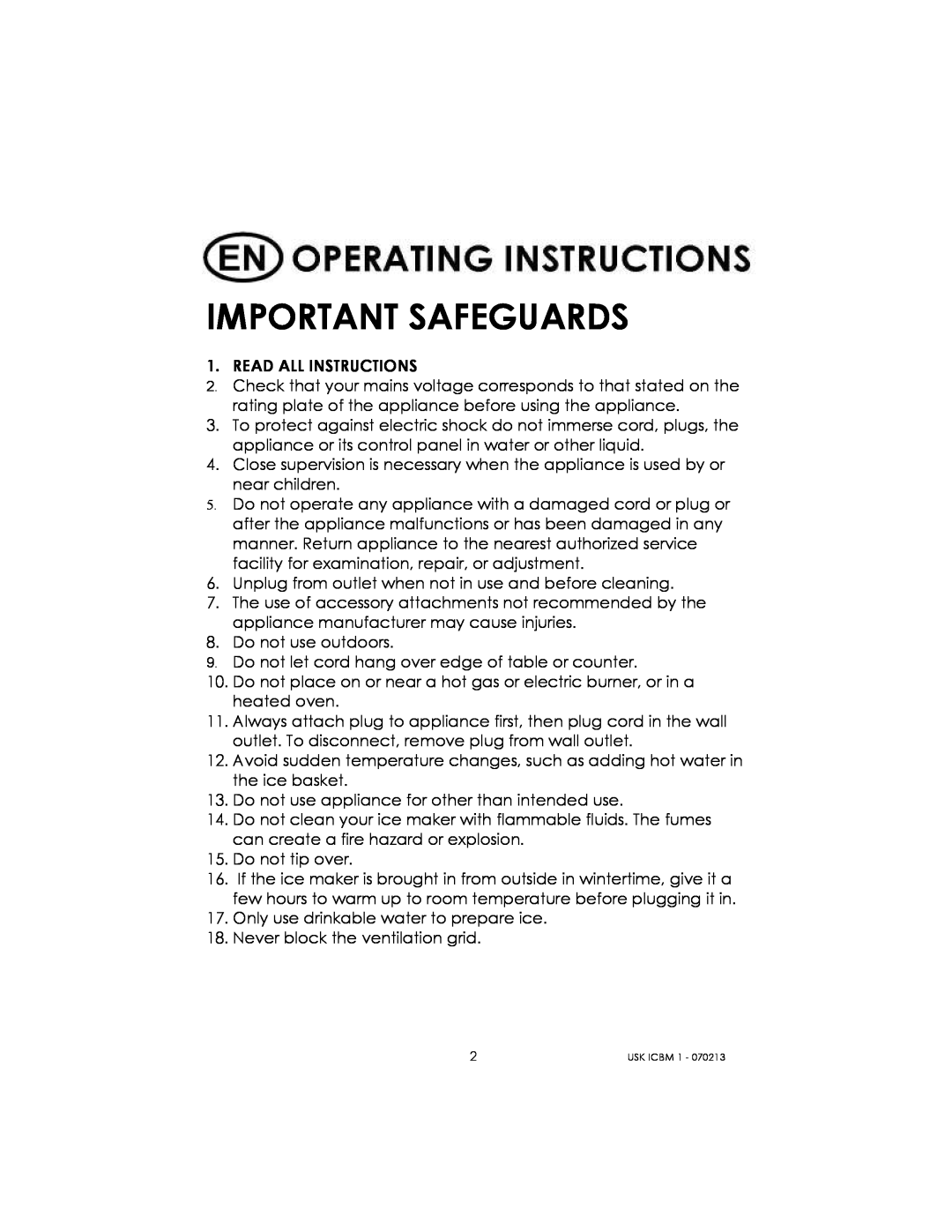 Kalorik USK ICBM 1 manual Important Safeguards 