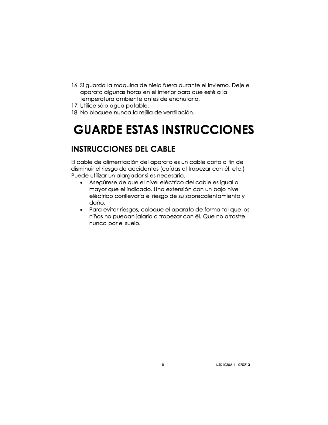 Kalorik USK ICBM 1 manual Guarde Estas Instrucciones, Instrucciones Del Cable 
